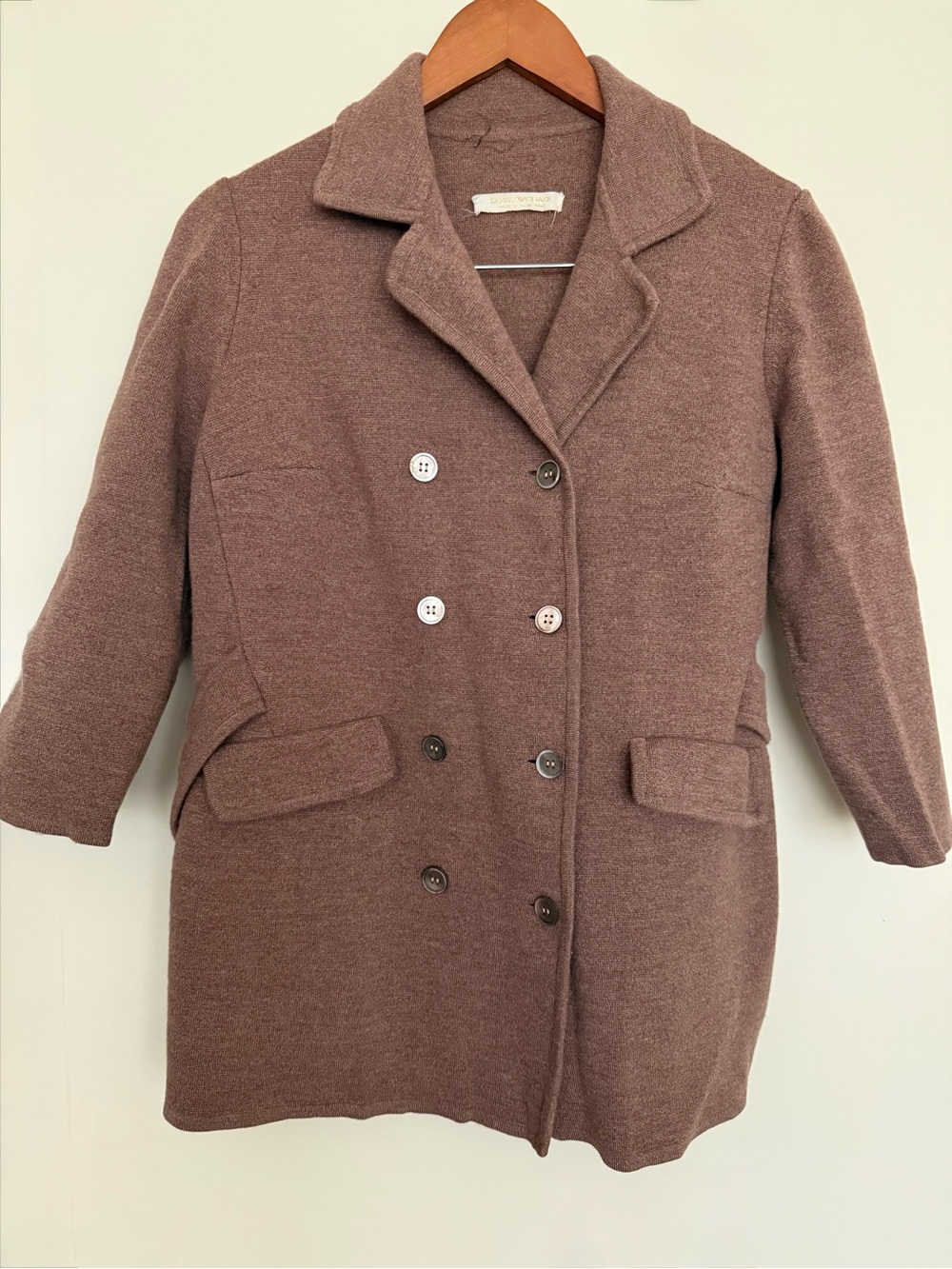 Vintage Wool Camel Beige Double-Breasted  3/4 Sleeve Sweater Blazer Cardigan M
